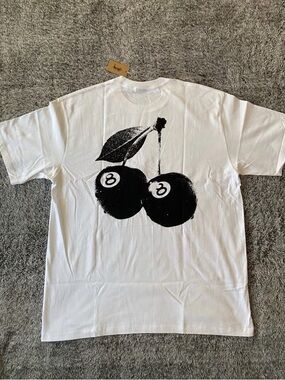 Stussy White Short-Sleeve Tee with Black 8-Ball Cherry Graphic